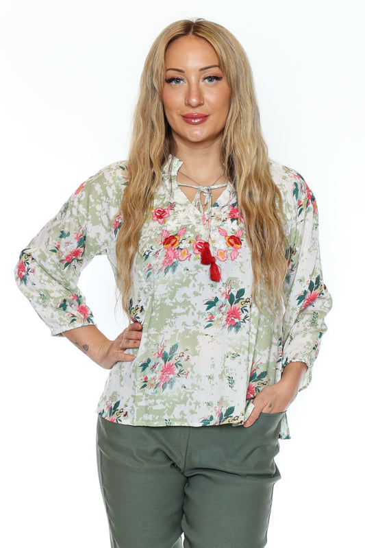Floral Embroidered Tassel Cotton Blouse