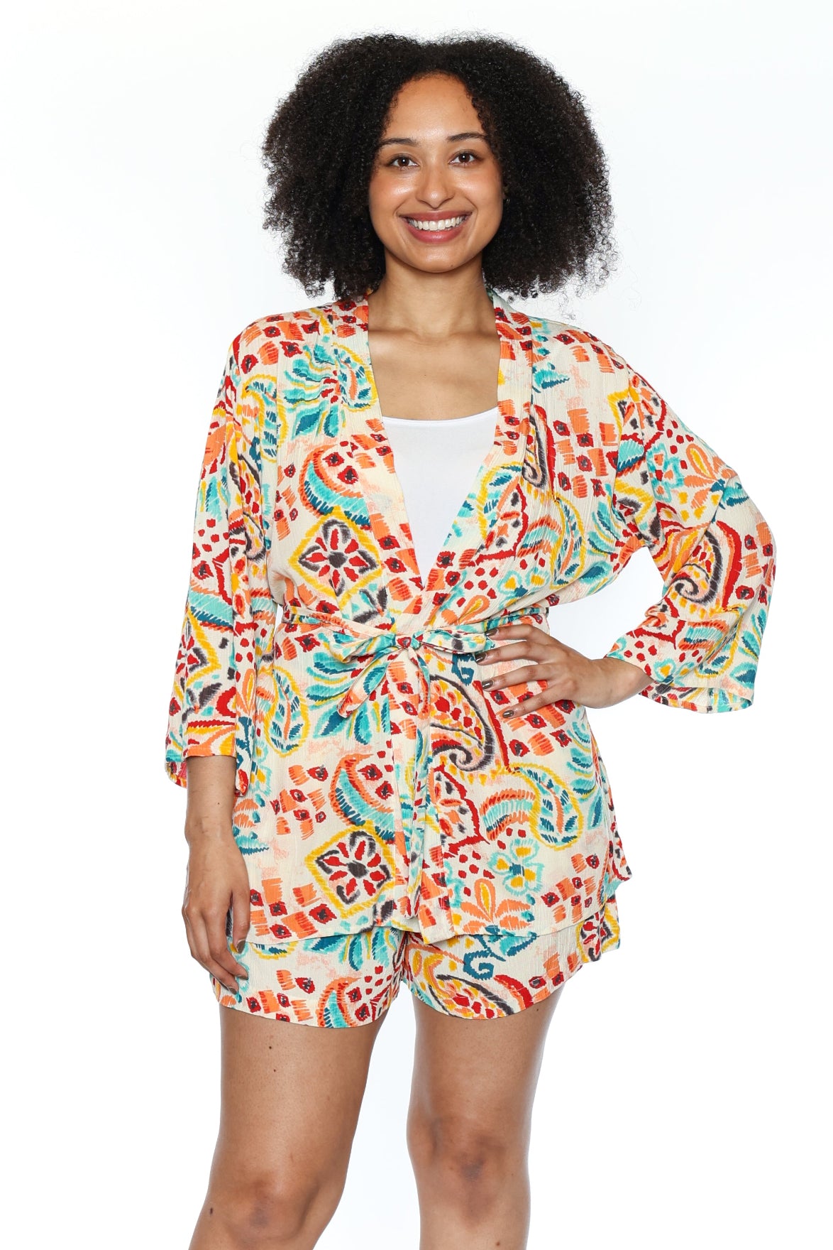 Printed Tie-Waist Kimono & Shorts Set