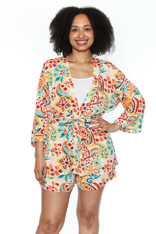 Printed Tie-Waist Kimono & Shorts Set