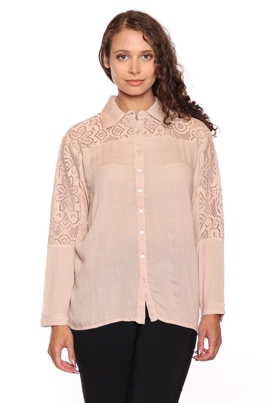 Sand Lace Button-Up Blouse