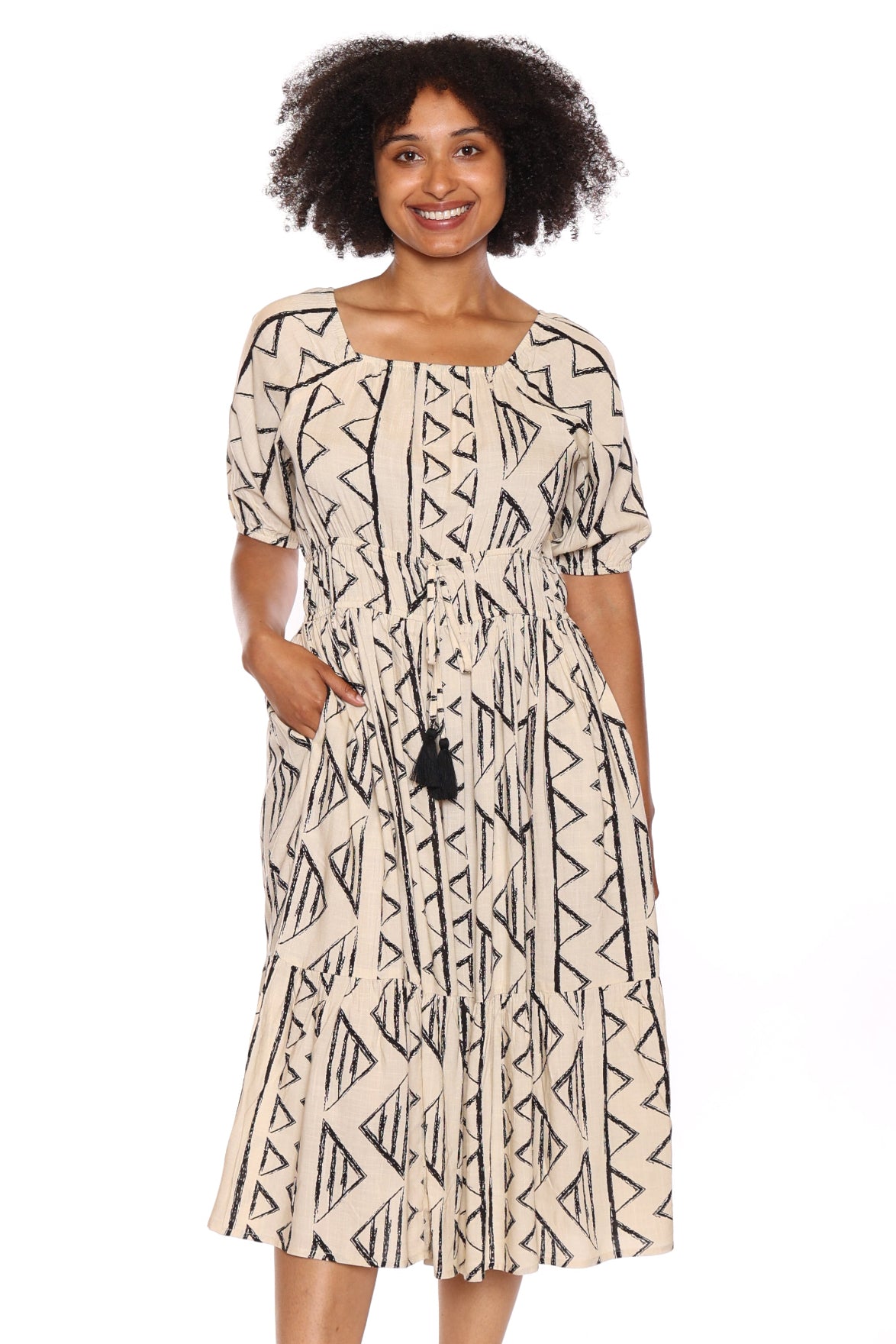 Smocked Waist Half Sleeve Midi Dress with Tassel Tie
