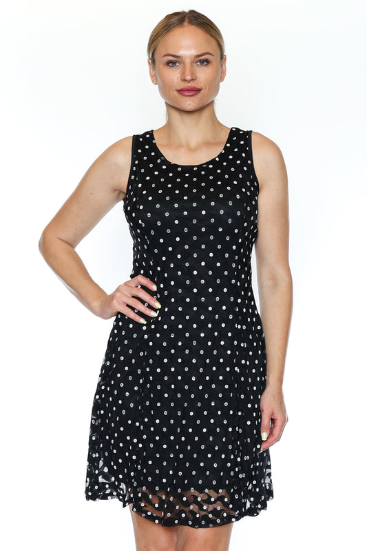 Polka Dot Lace-Trim A-Line Dress