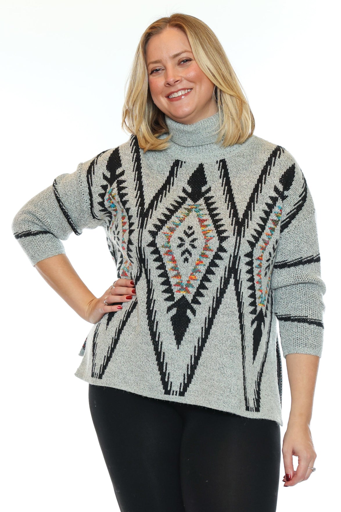 Southwestern Geometric Mock Neck Sweater