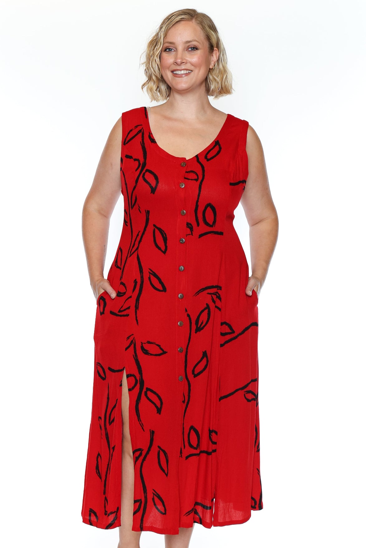 Abstract Leaf Button-Front Midi Dress