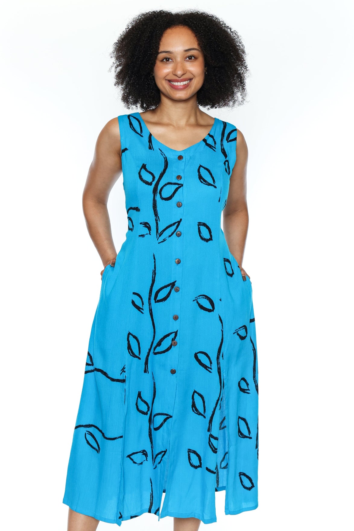 Abstract Leaf Button-Front Midi Dress