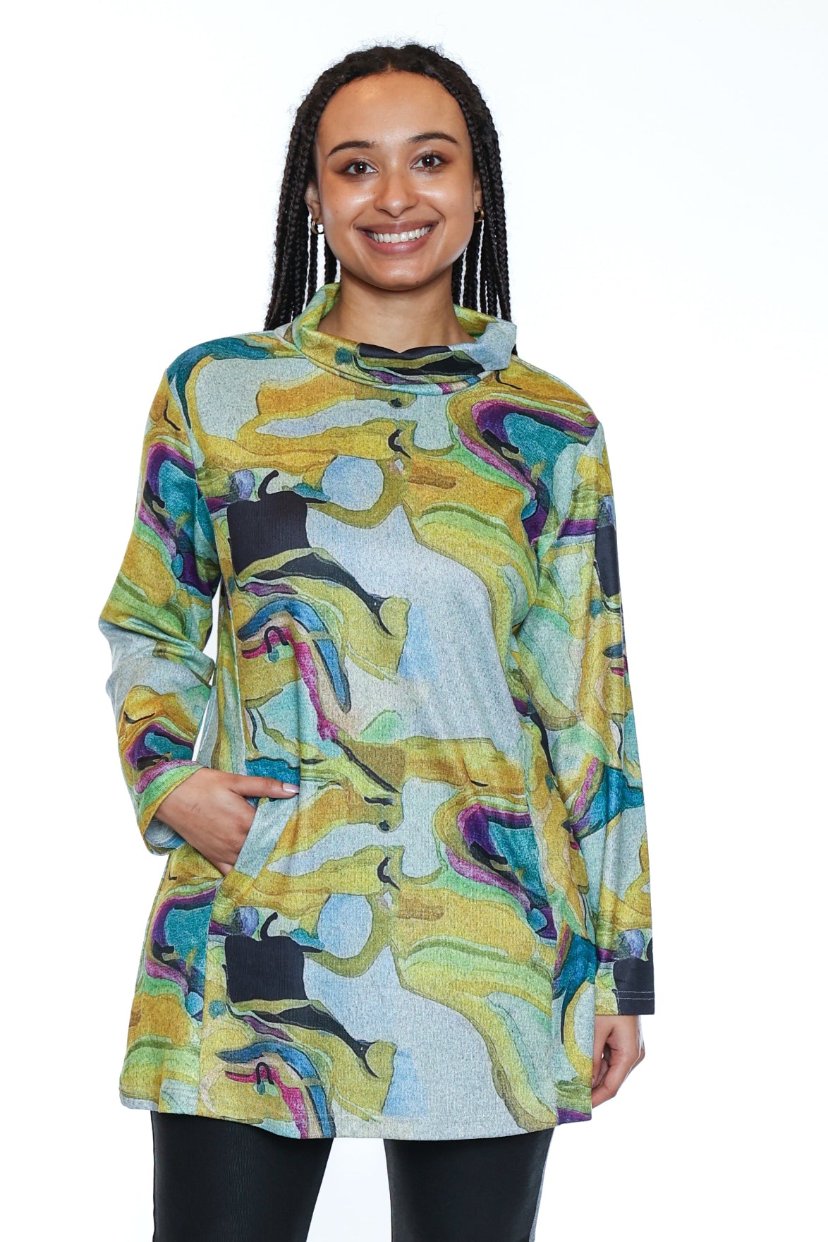 Abstract Print Funnel-Neck Tunic