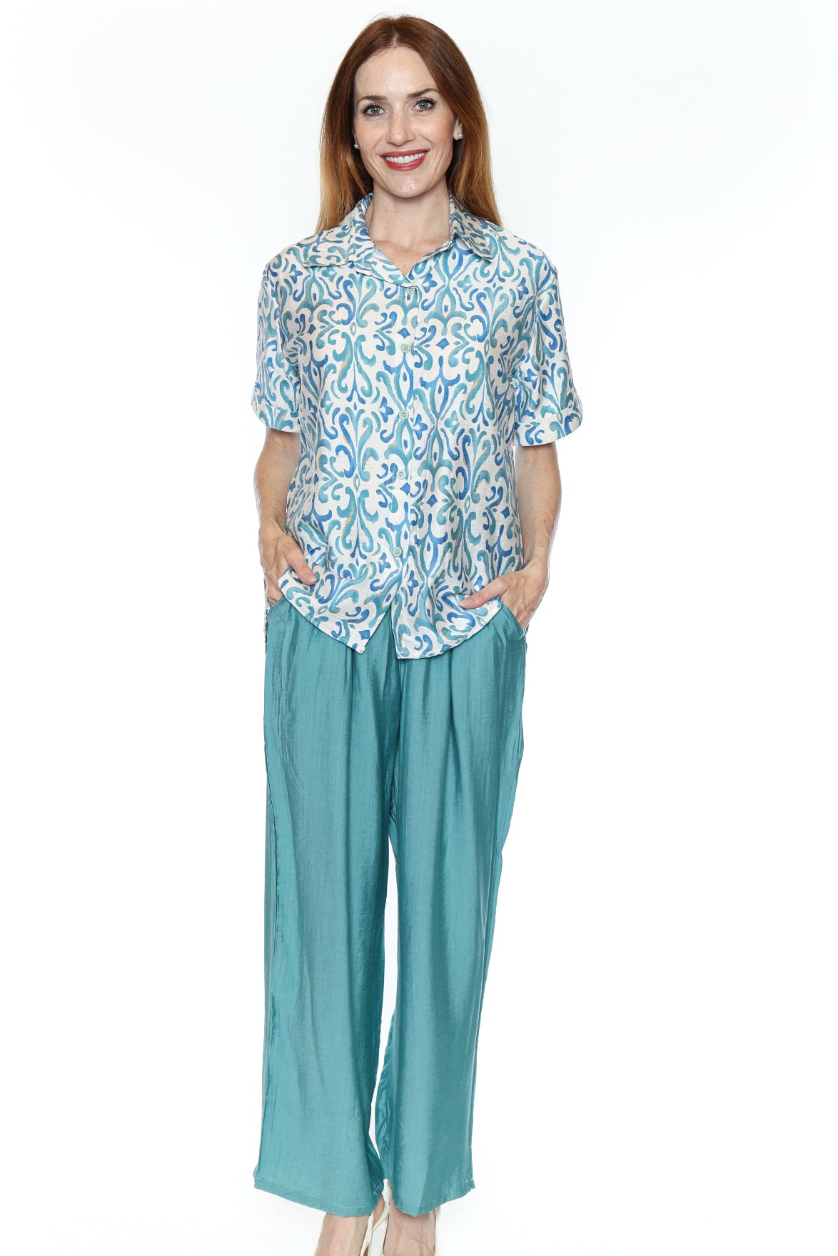 Printed Button-Down Top & Wide-Leg Pant SET