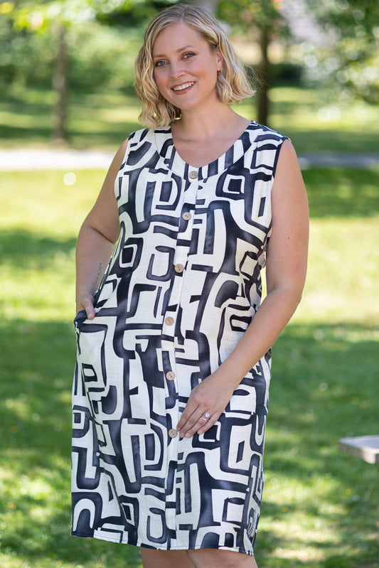 Sleeveless Button-Front Printed Dress