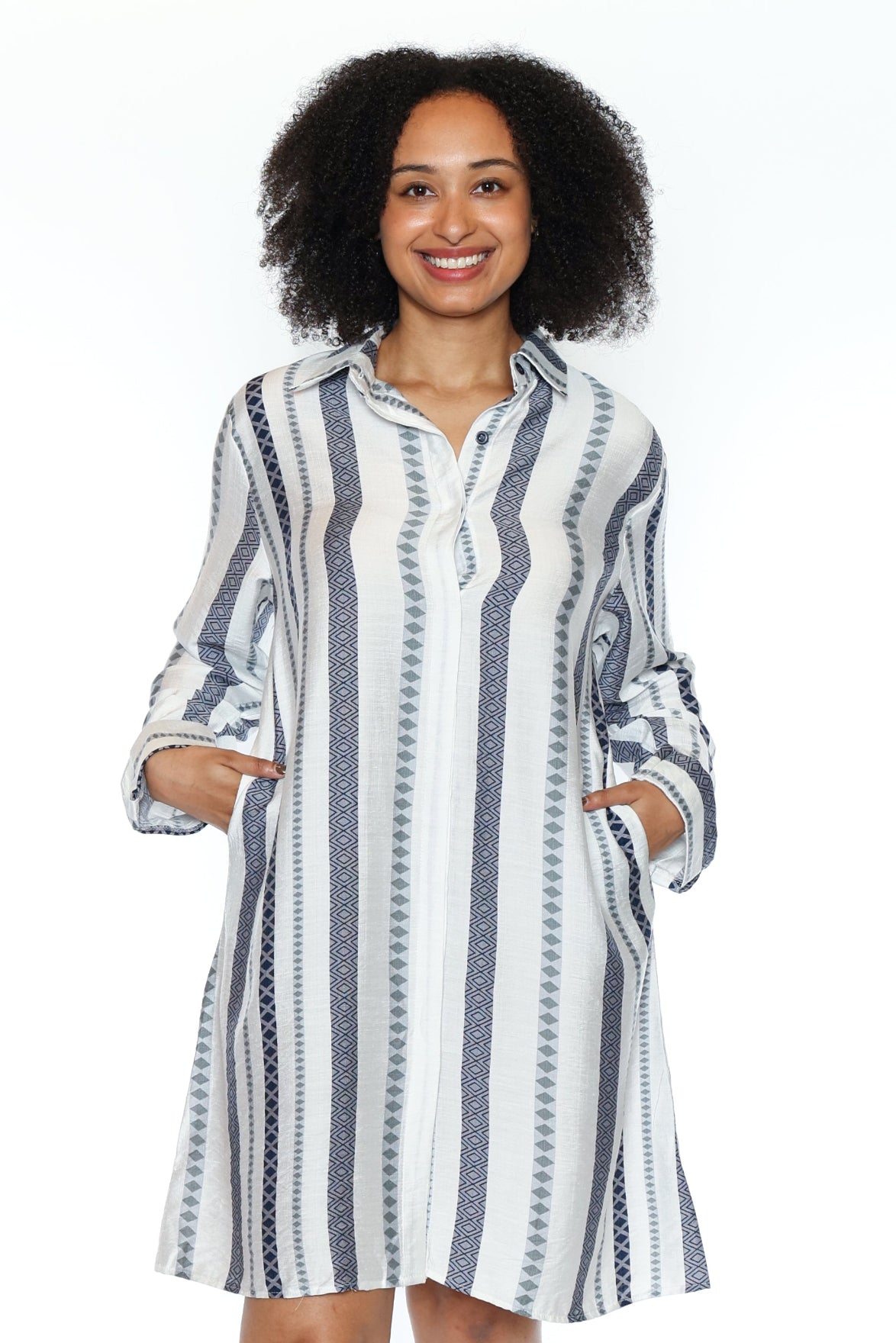 Striped Print Button-Front Shirtdress