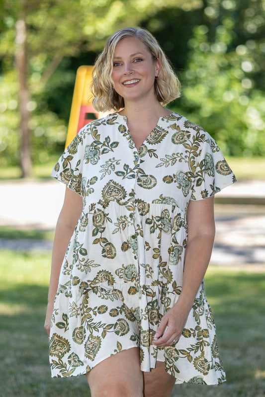 Printed Tiered Button-Front Dress