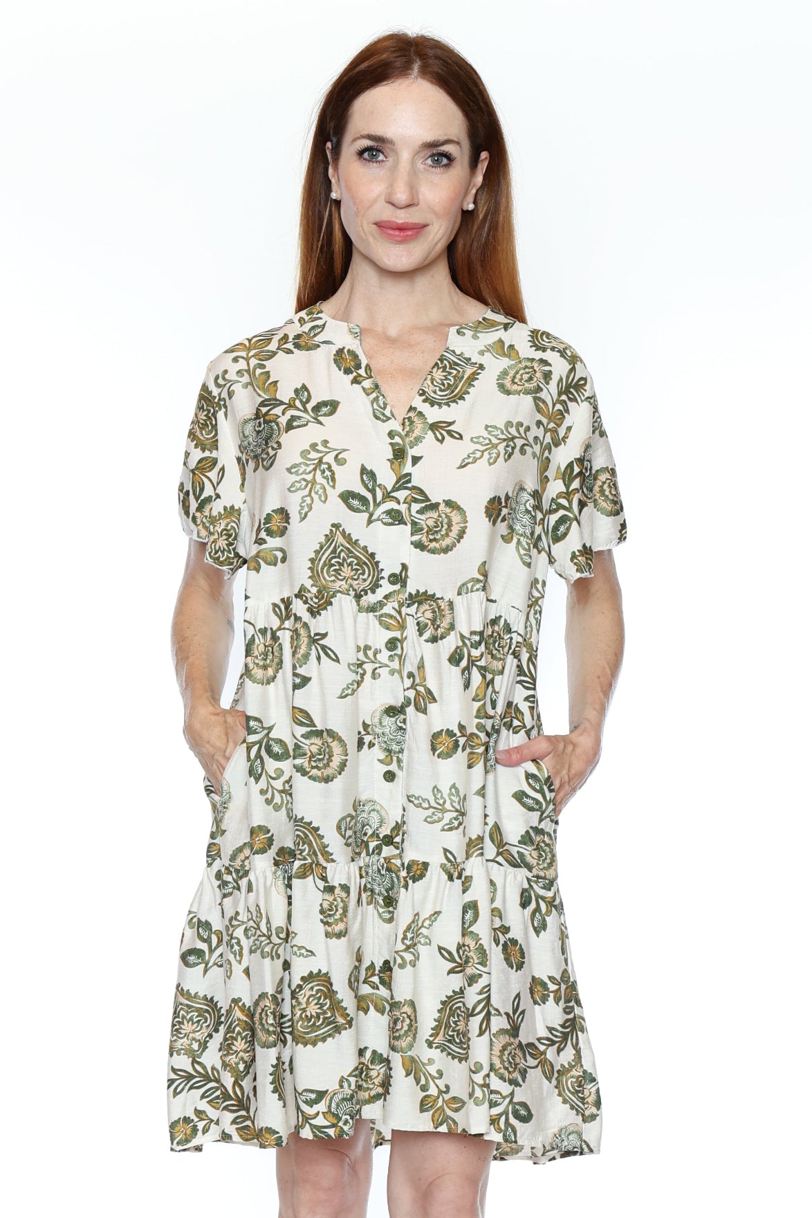 Printed Tiered Button-Front Dress