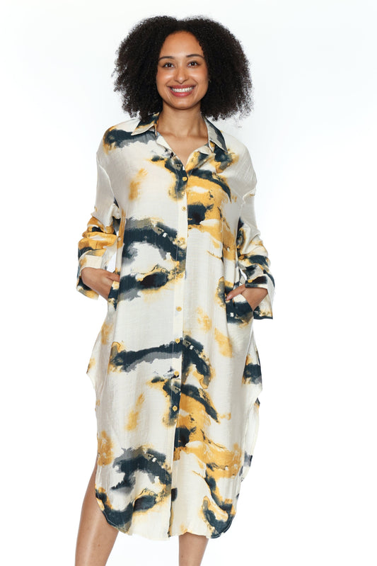 Abstract Print Button-Down Shirt Dress