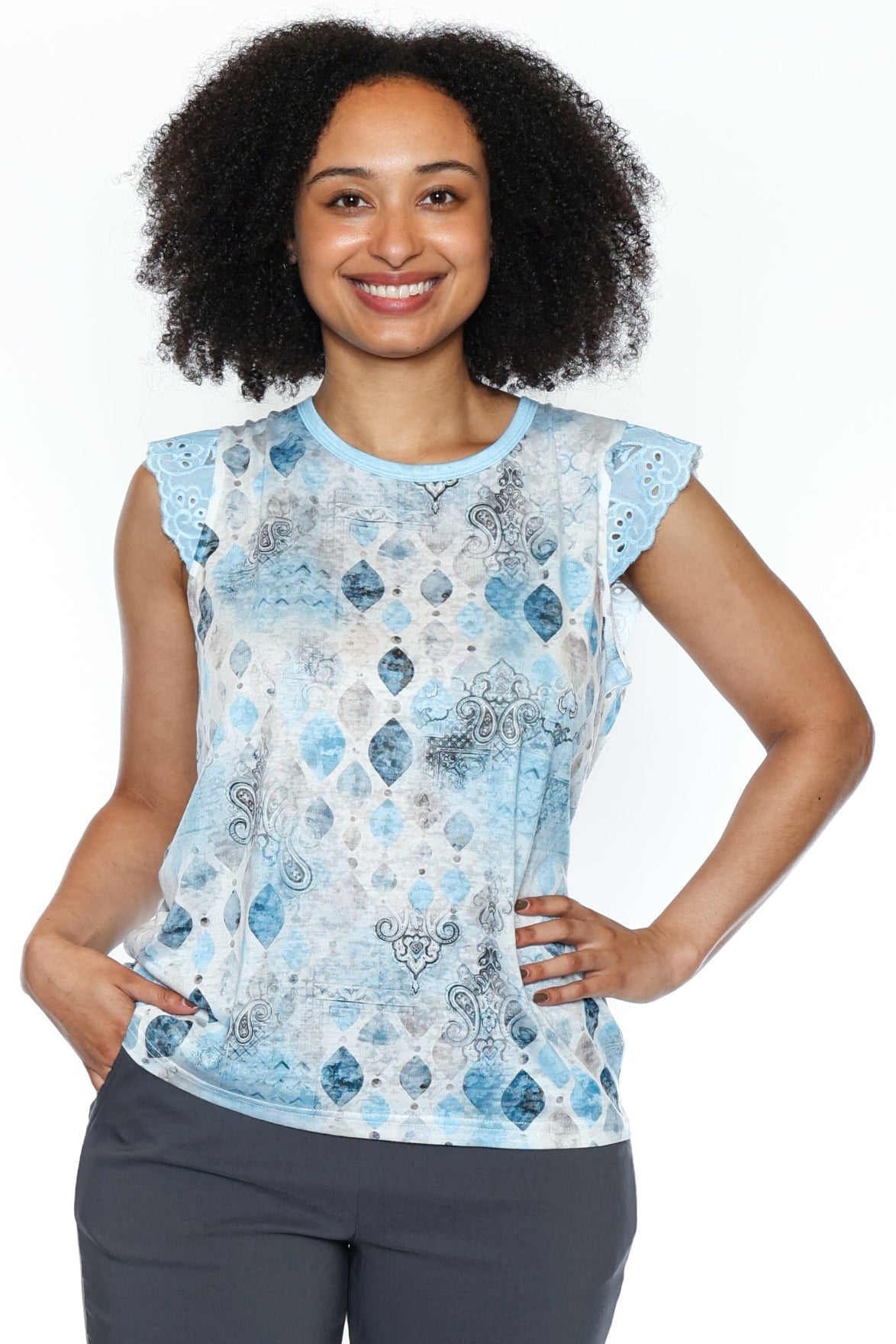 Lace Trim Printed Sleeveless Top