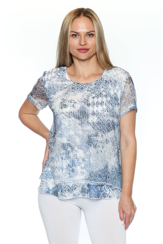 Printed Short Sleeve Layered Hem Top