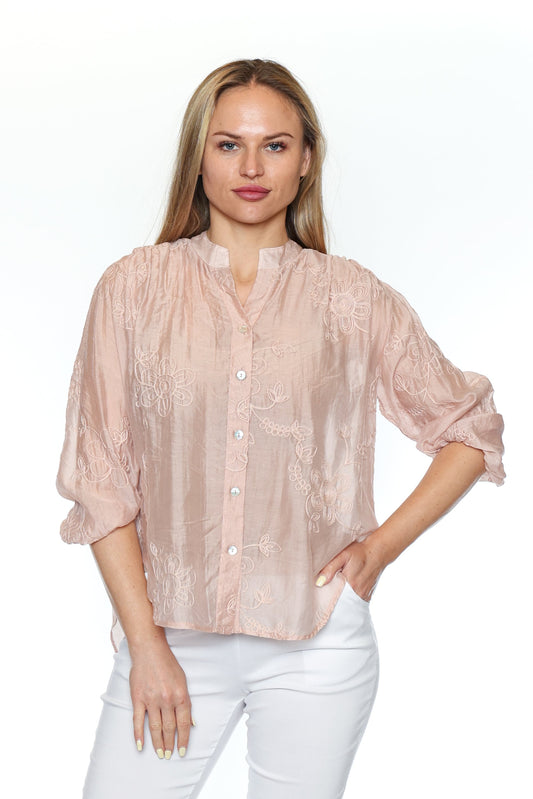 Embroidered Sheer Button Front Top