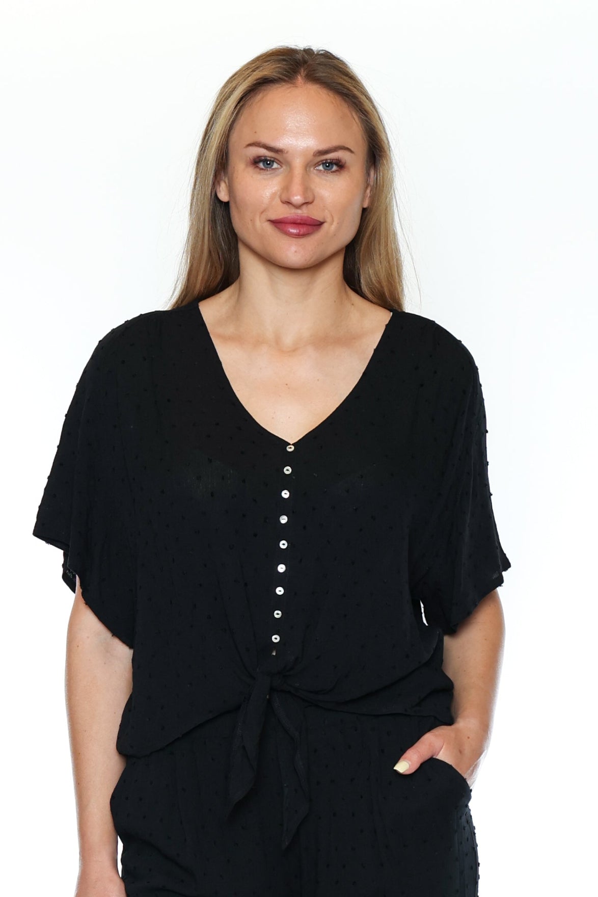 Swiss Dot Button-Front Tie Top