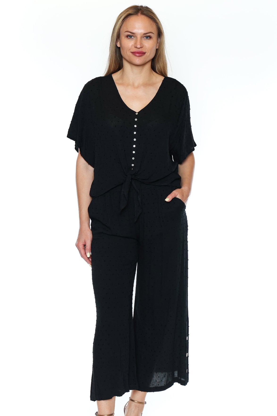 Swiss Dot Button-Front Tie Top