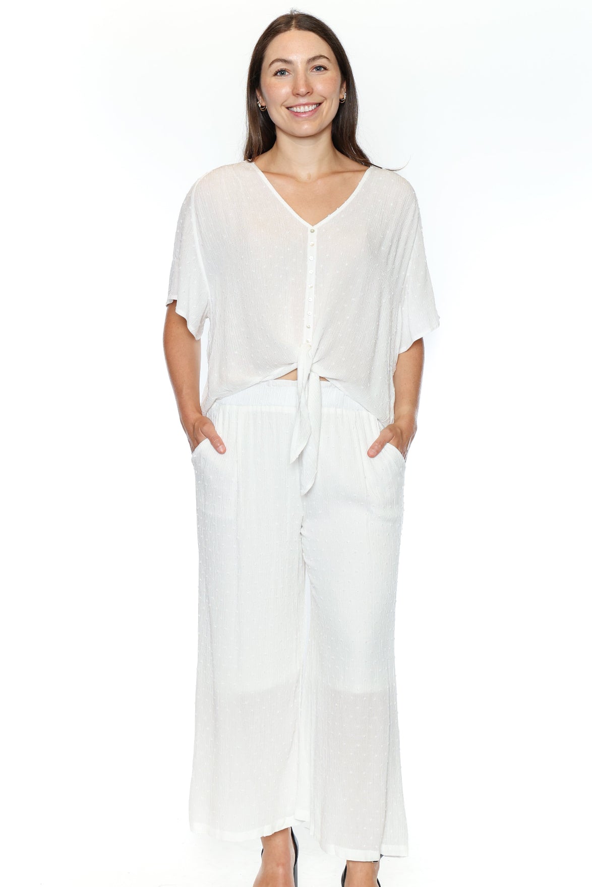 Swiss Dot Button-Front Tie Top