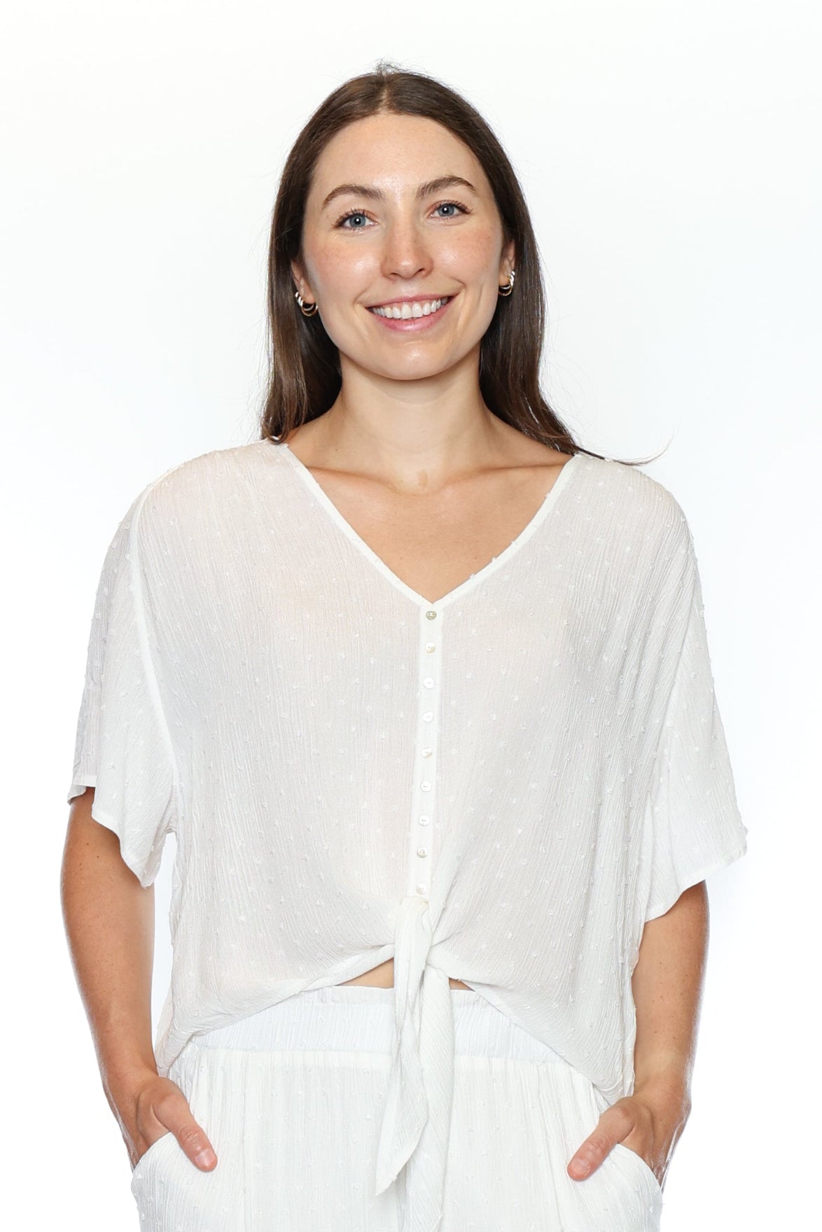 Swiss Dot Button-Front Tie Top