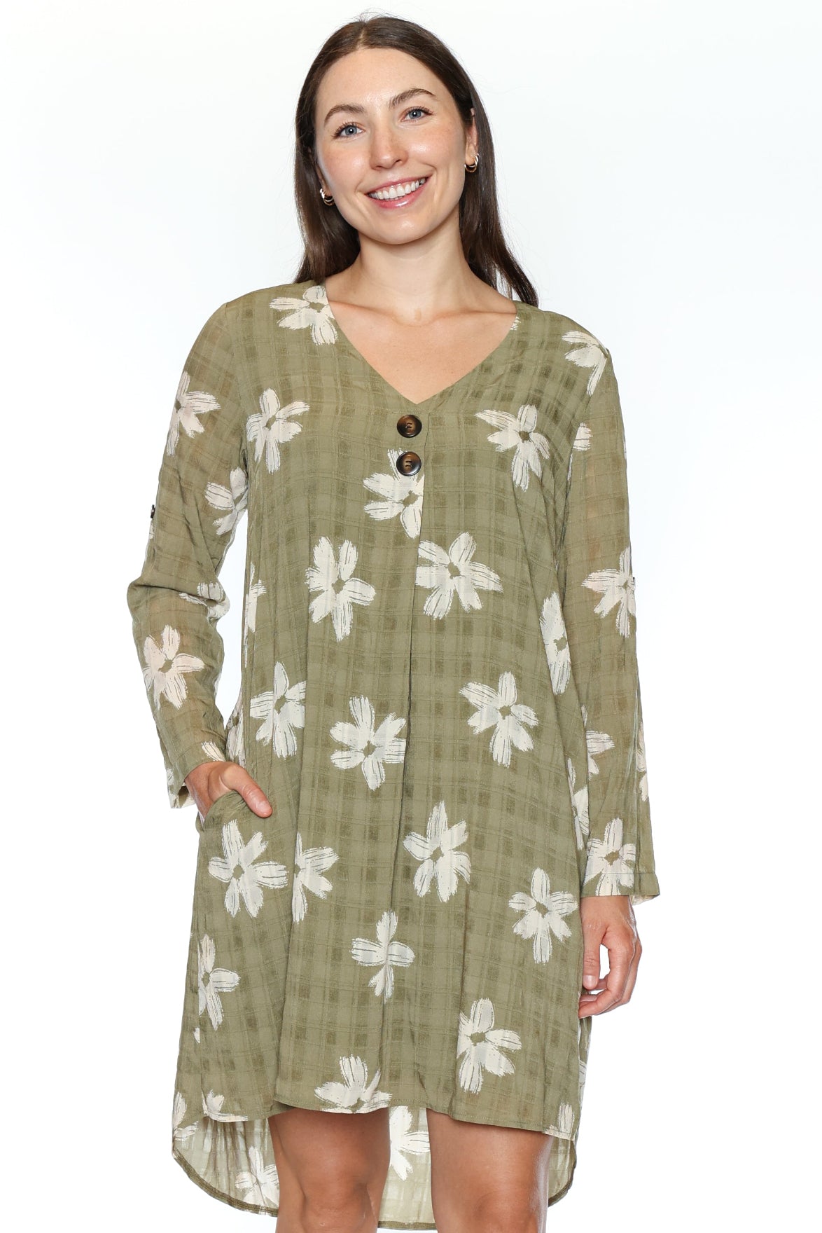 Floral Button-Front Long Sleeve Dress