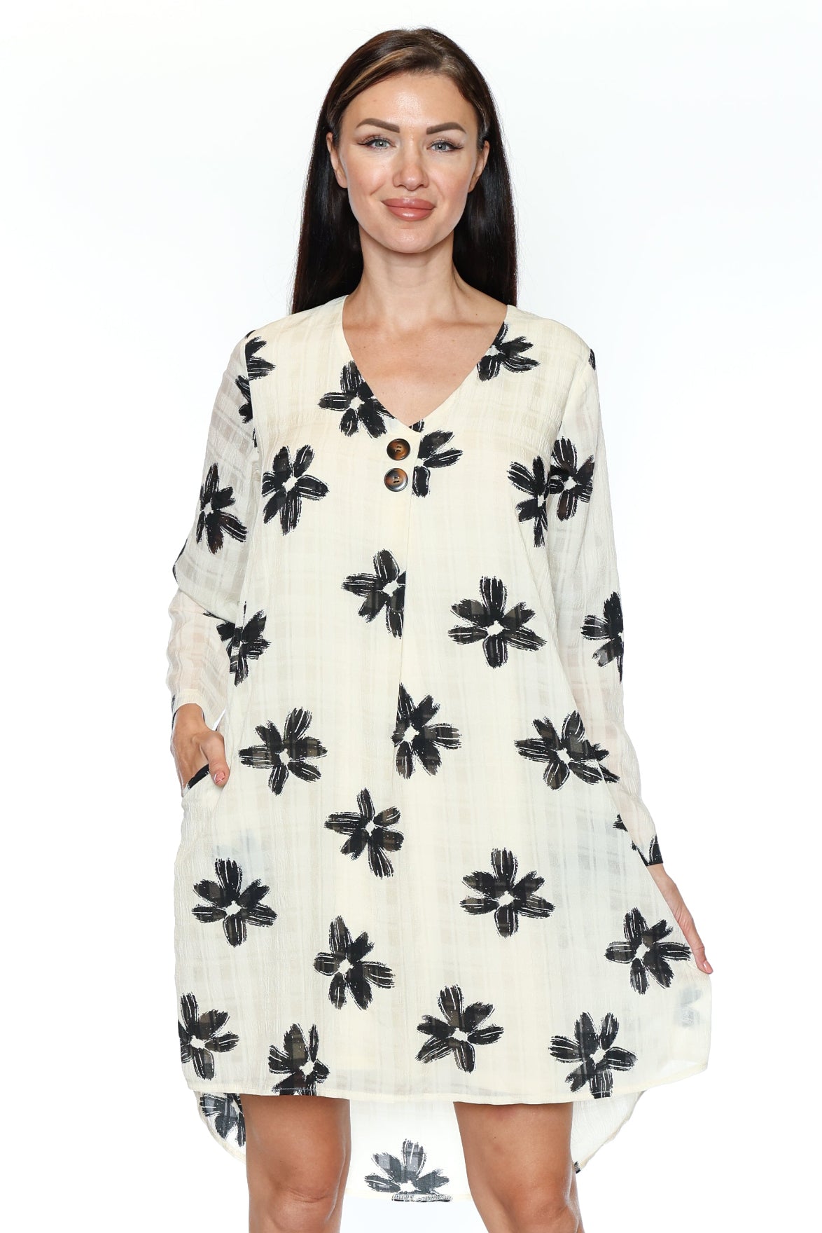 Floral Button-Front Long Sleeve Dress