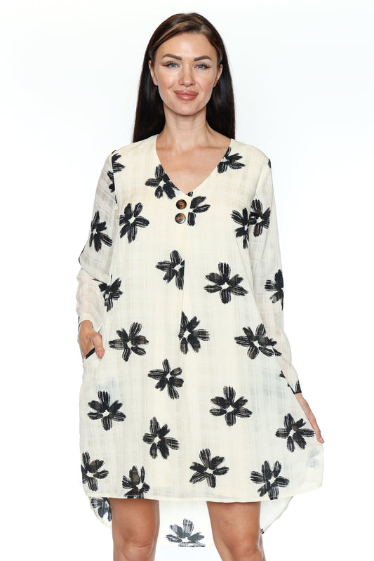 Floral Button-Front Long Sleeve Dress