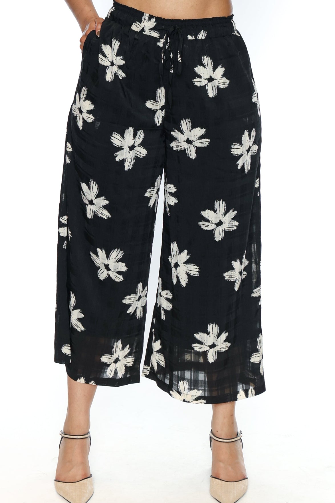 Printed Wide-Leg Cropped Pants