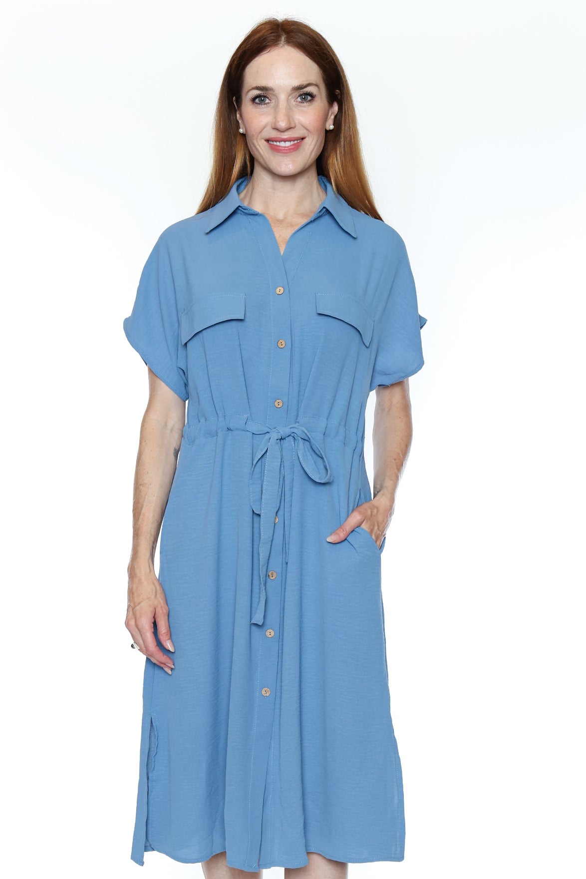 Short-Sleeve Textured Shirt Dress