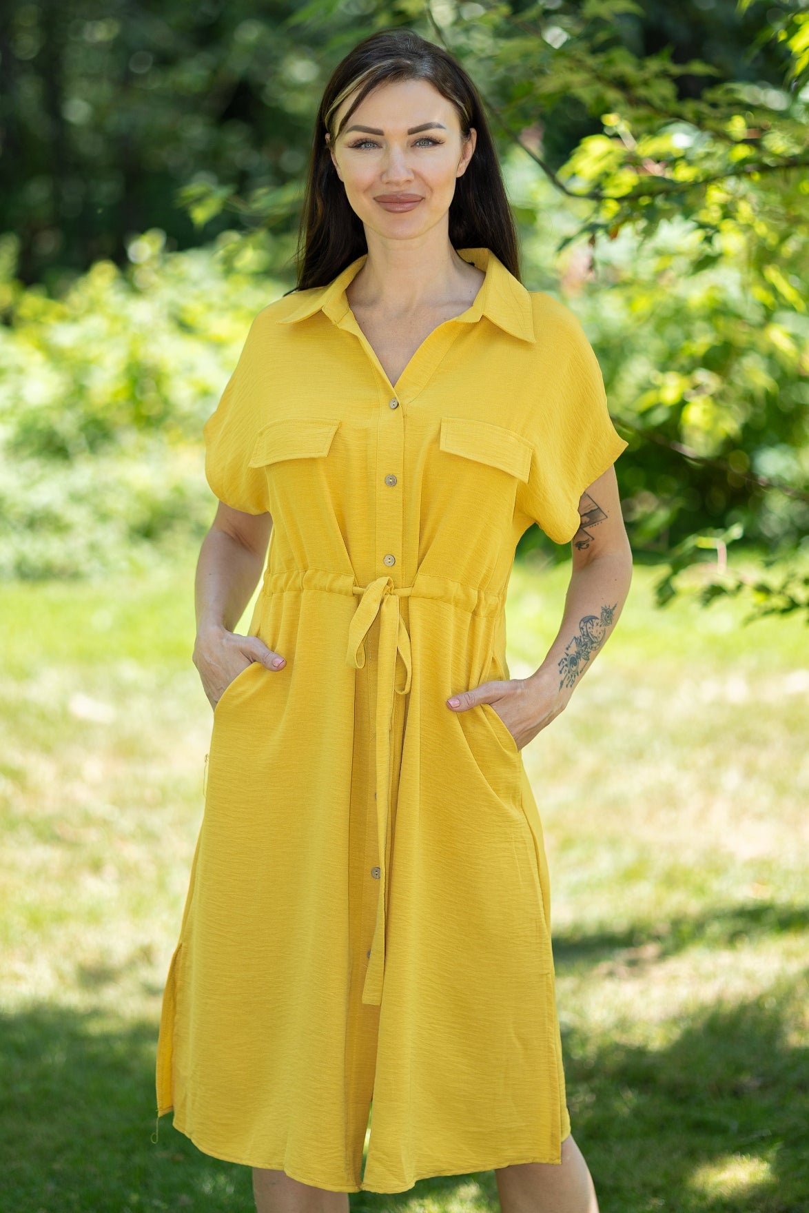 Short-Sleeve Textured Shirt Dress