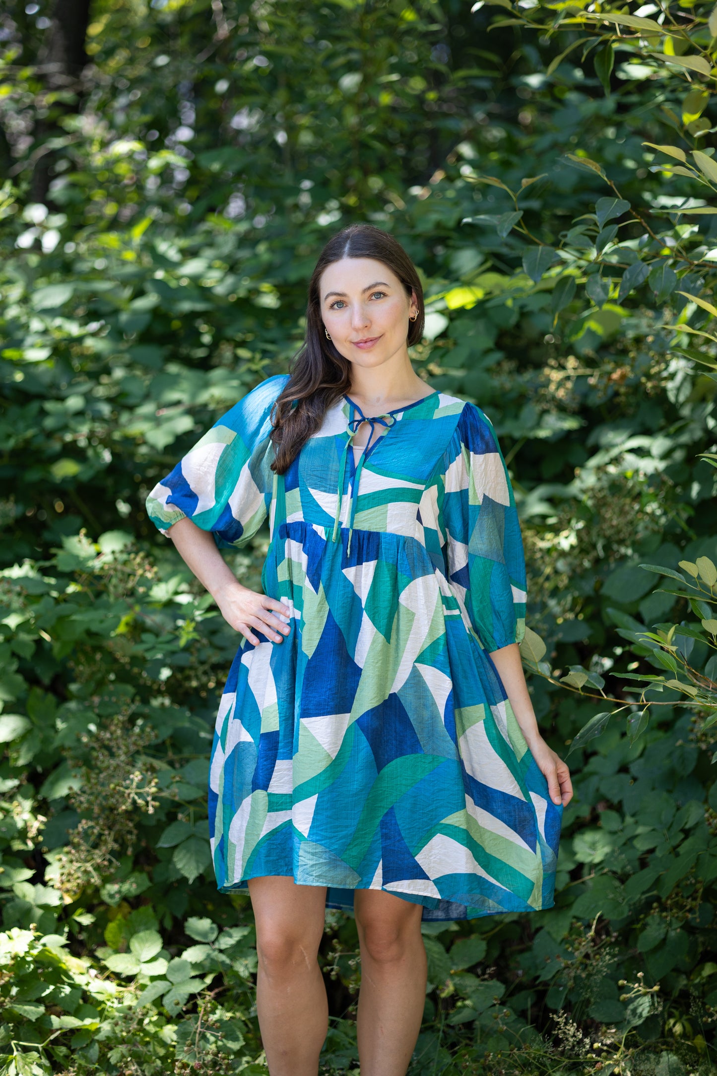 Abstract Puff-Sleeve Tie Neck Dress