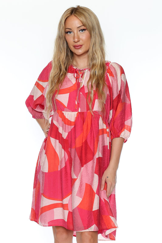 Abstract Puff-Sleeve Tie Neck Dress