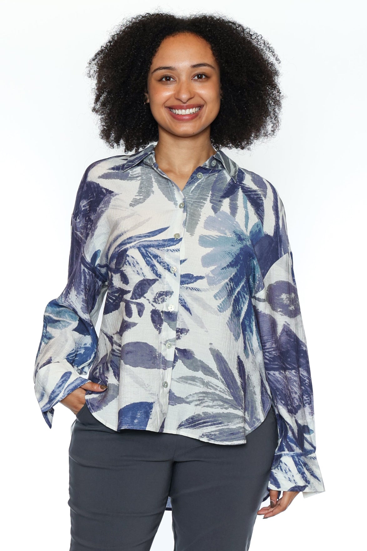 Tropical Leaf Button-Front Blouse