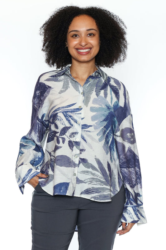 Tropical Leaf Button-Front Blouse