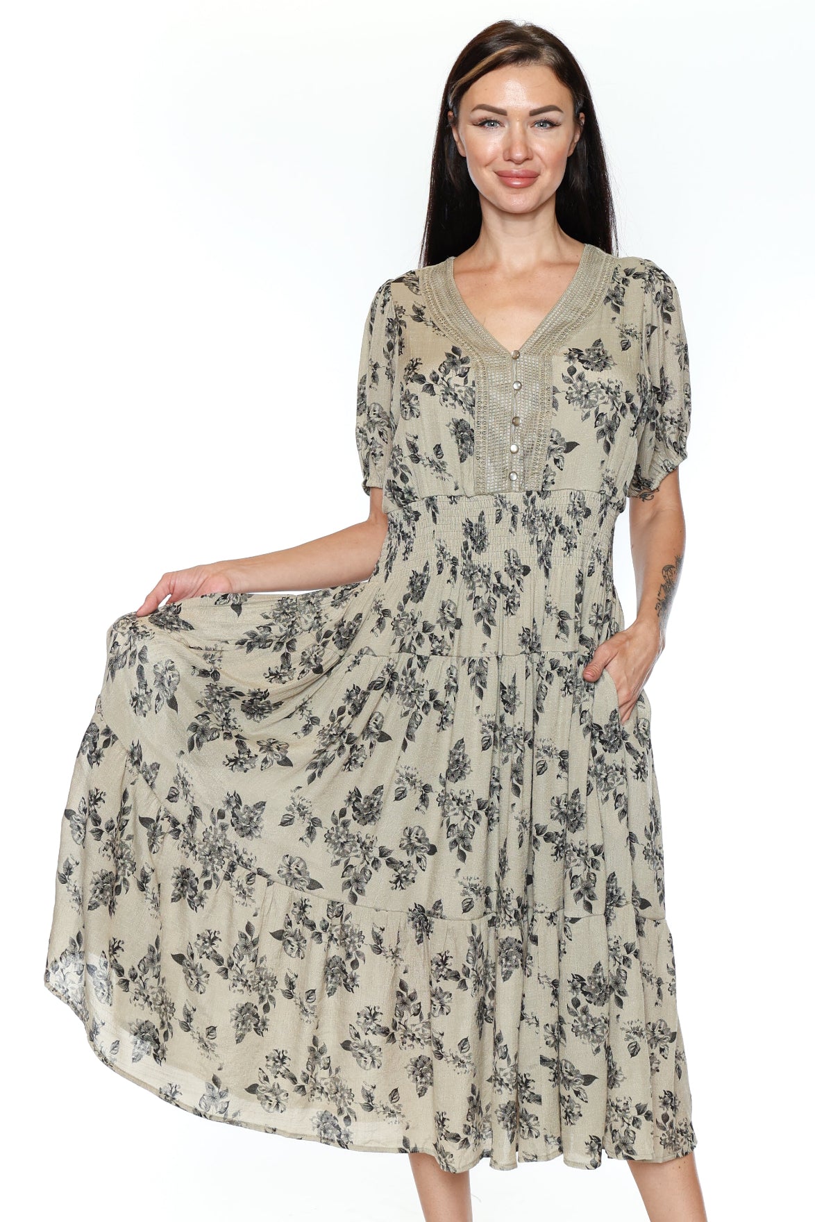 Smocked Floral Midi Dress