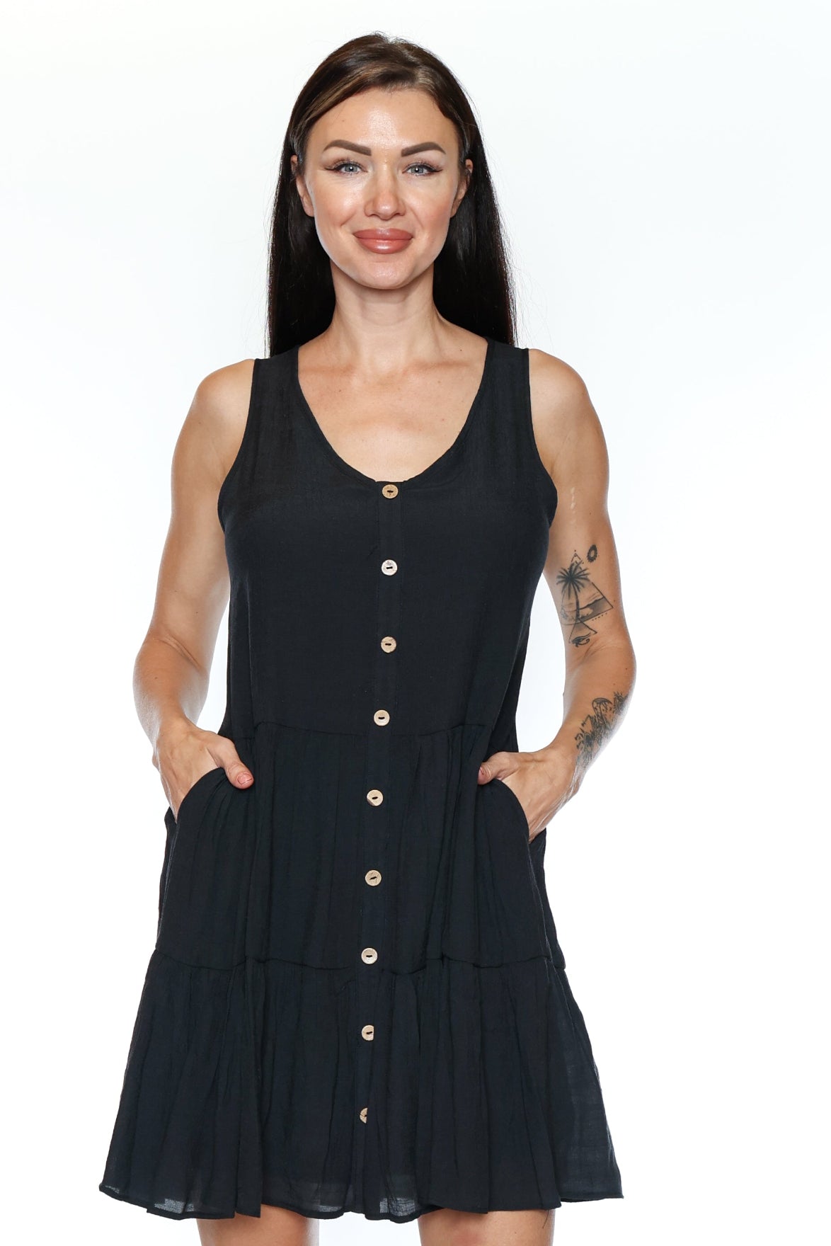 Tiered Button-Front Sleeveless Dress