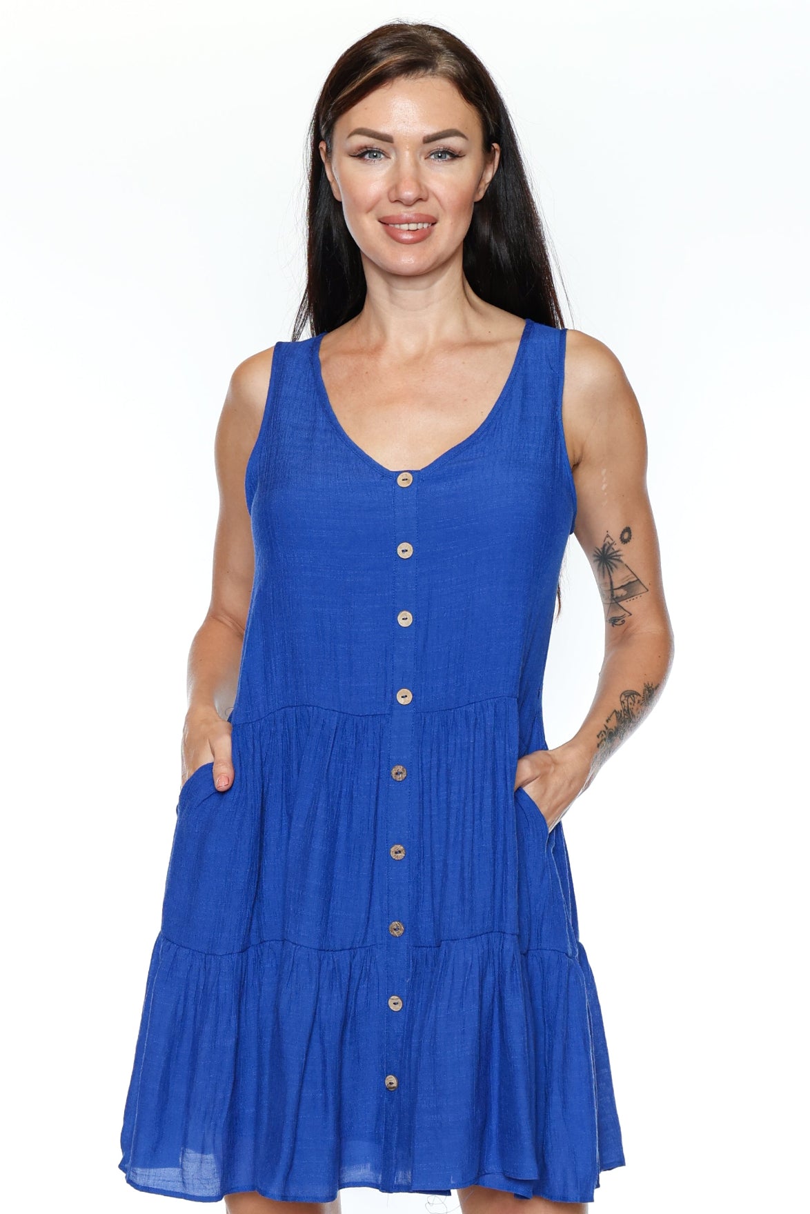 Tiered Button-Front Sleeveless Dress