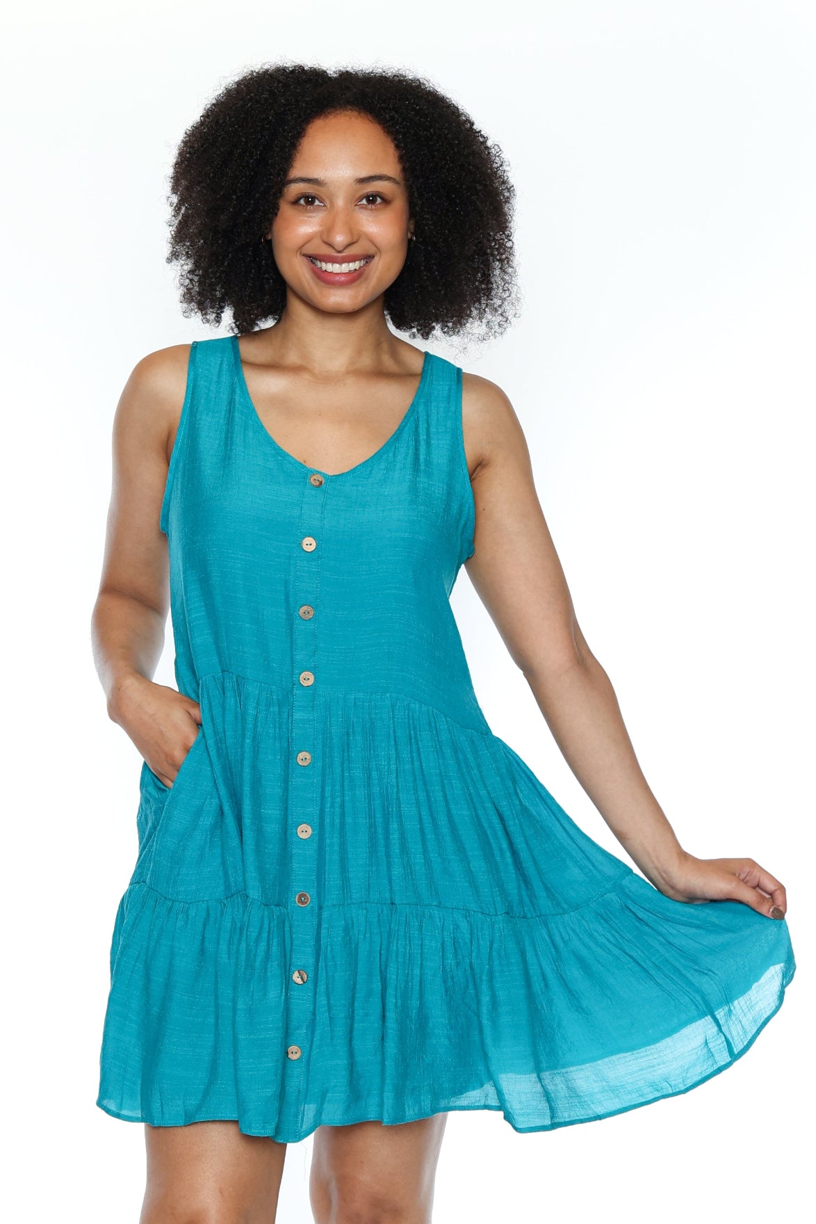 Tiered Button-Front Sleeveless Dress