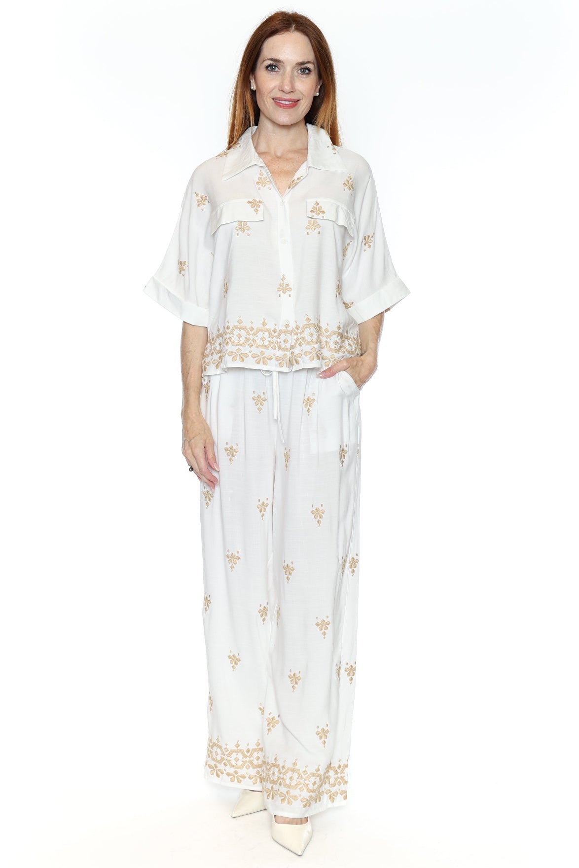 Embroidered Wide Leg Linen Blend Pants