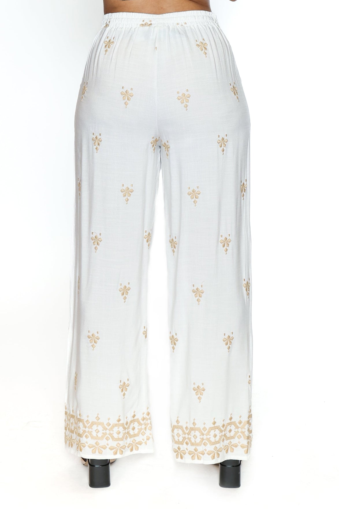 Embroidered Wide Leg Linen Blend Pants