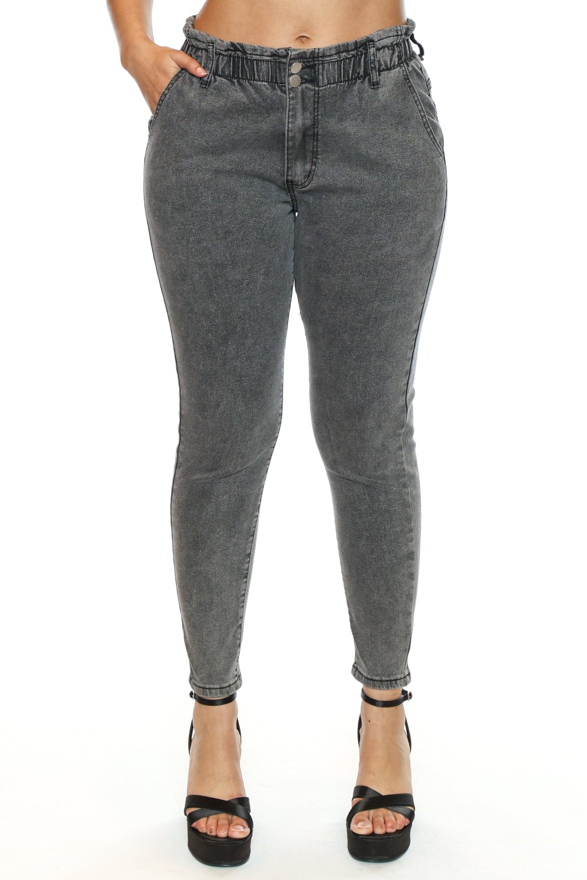 Ruched Waist Pull-On Denim Pant