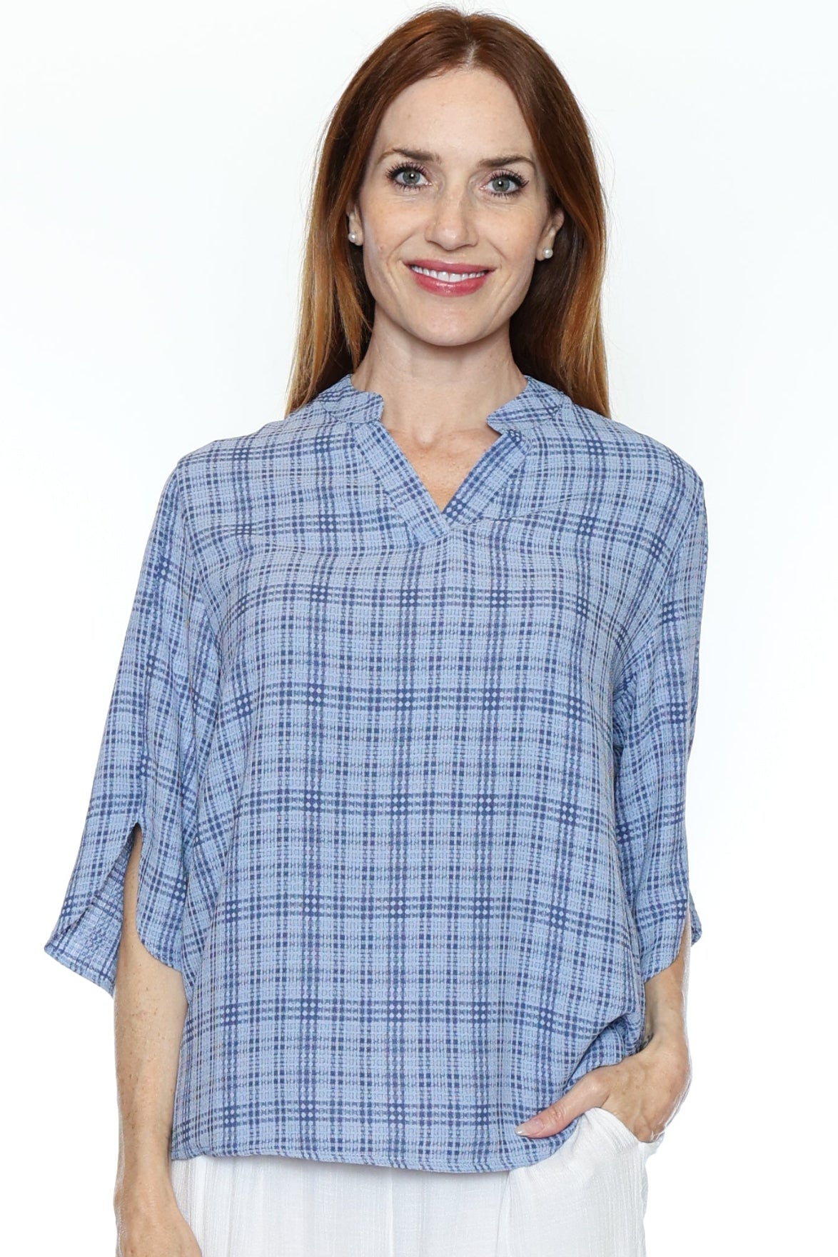 Lightweight Plaid Split-Sleeve Blouse