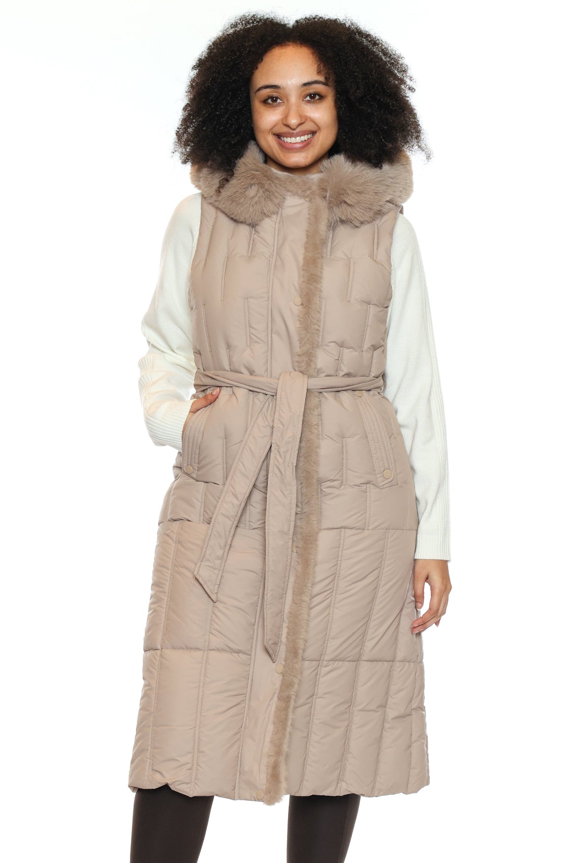 Elegant Faux Fur Trim Long Quilted Vest