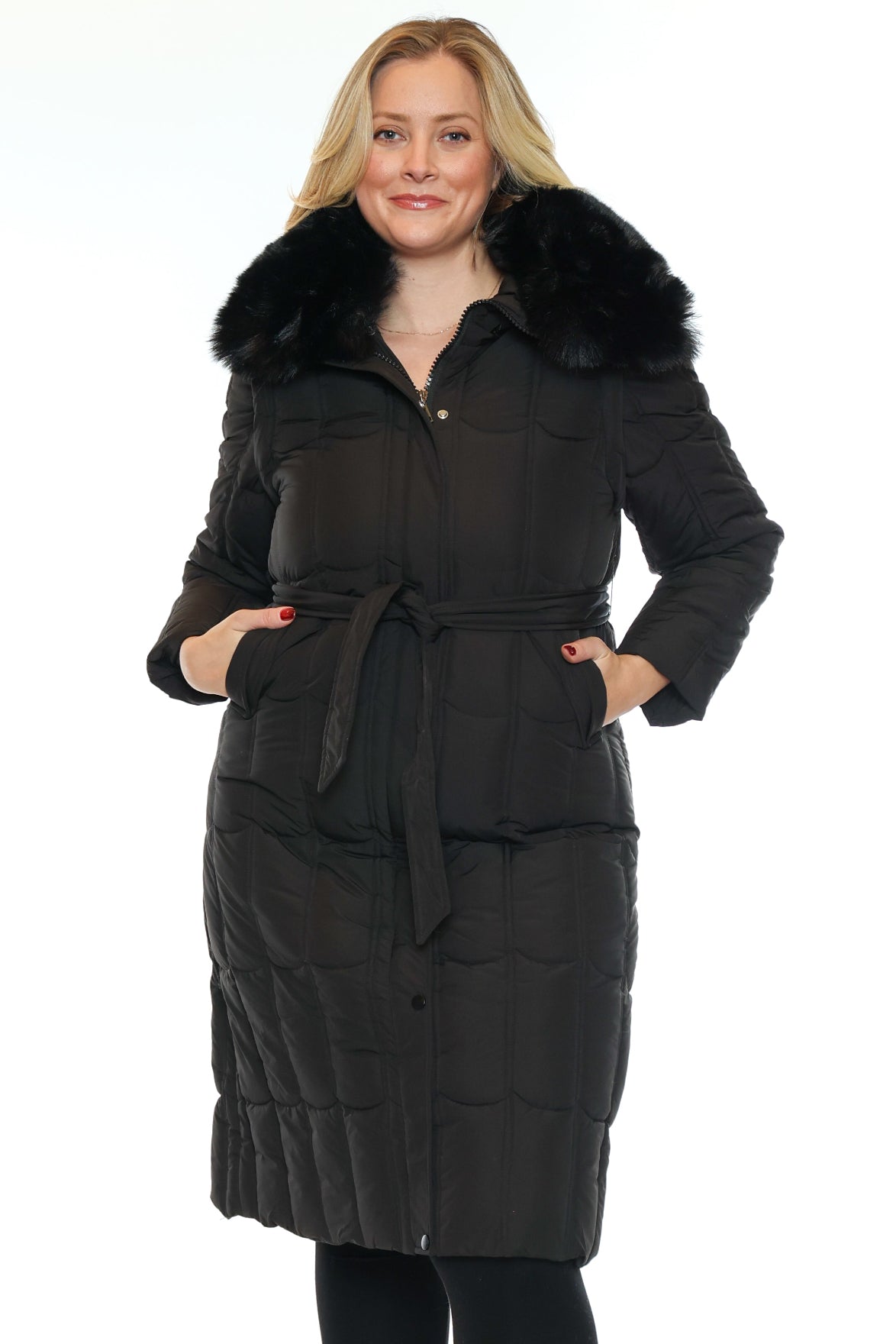 Faux Fur Trim Long Quilted Coat