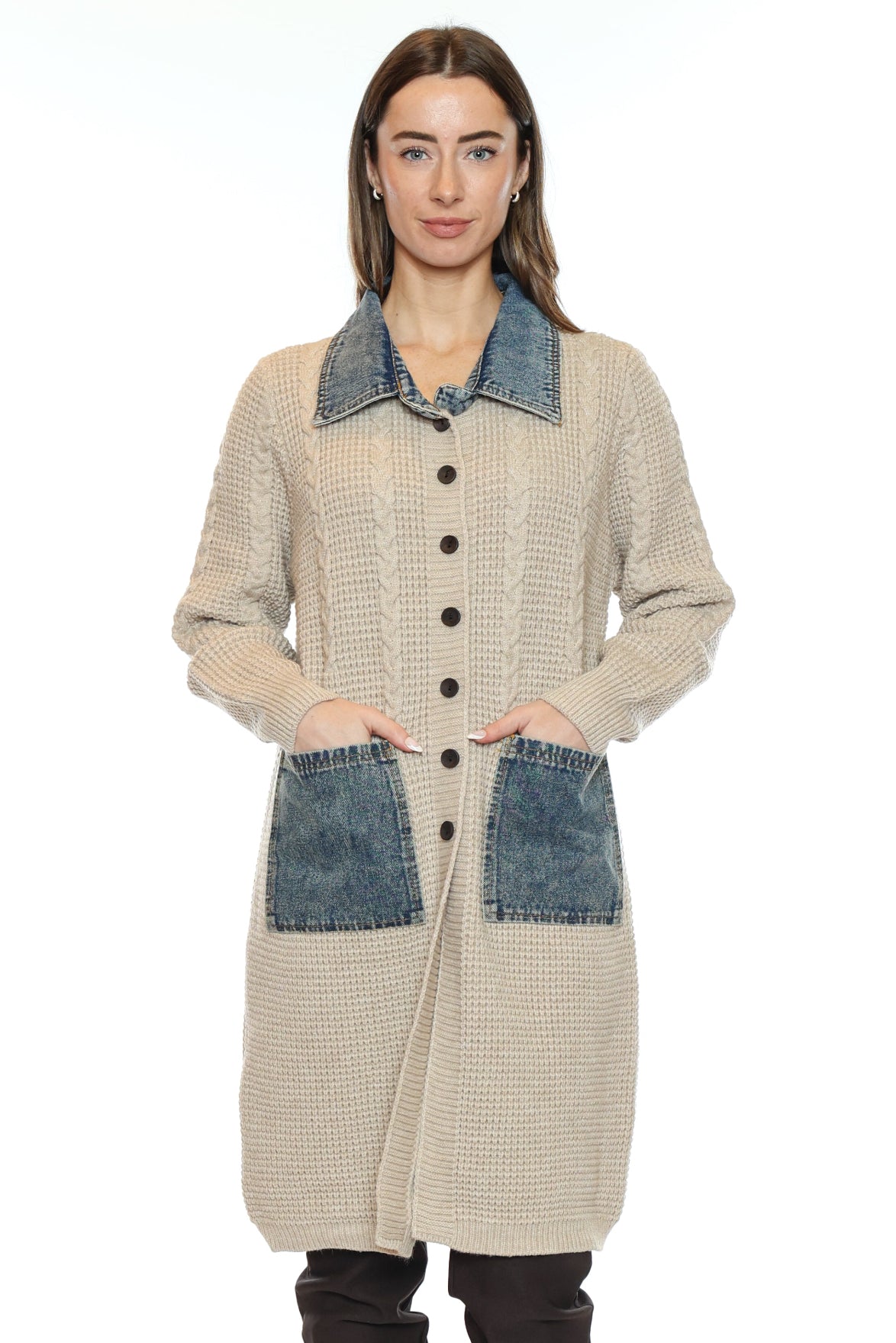 Cable Knit Denim Collar Cardigan