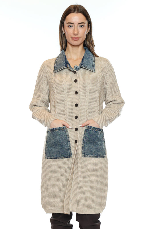 Cable Knit Denim Collar Cardigan
