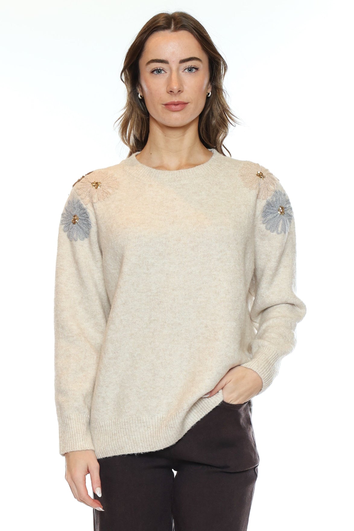 Floral Shoulder Detail Cozy Knit Sweater
