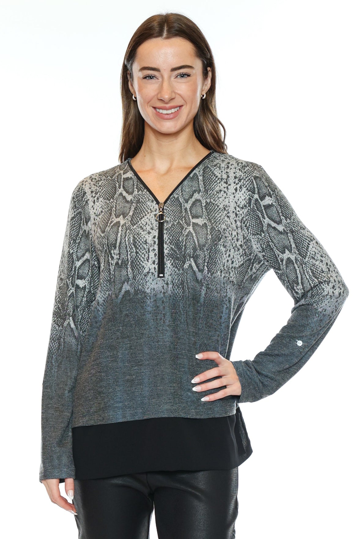 Snakeskin Print Zip Neck Layered Top