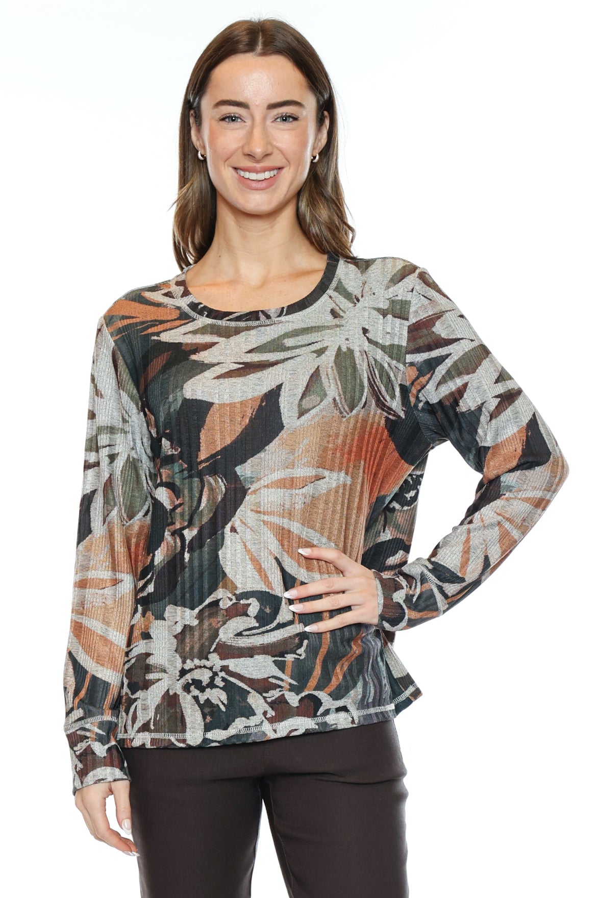 Printed Ribbed Long Sleeve Top