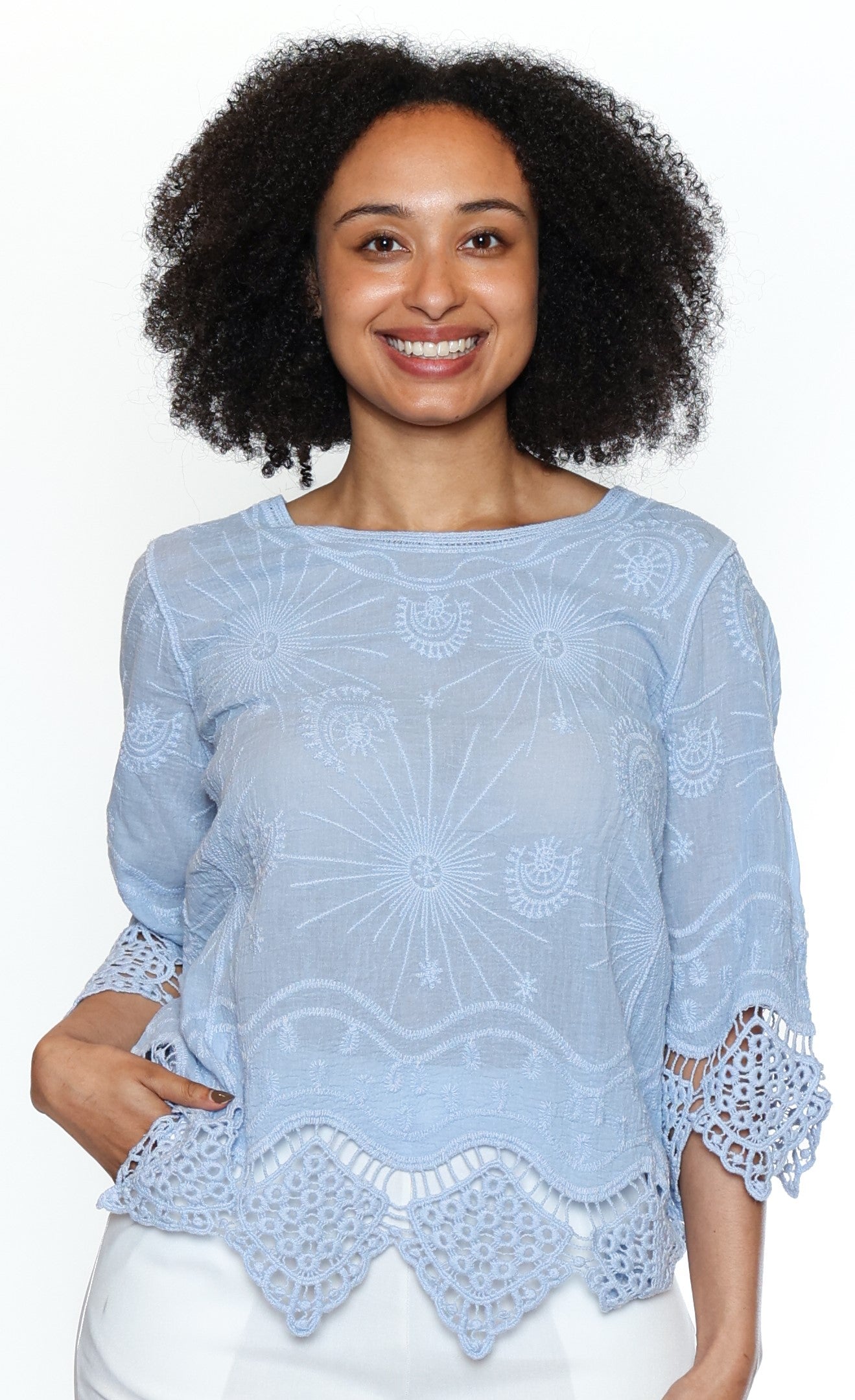 Embroidered Sheer Lace-Trim Top